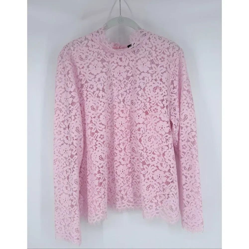 J.Crew Scalloped Lace Mockneck Top Pink Floral Lined Womens Size 12 Blouse NWOT - Picture 2 of 10